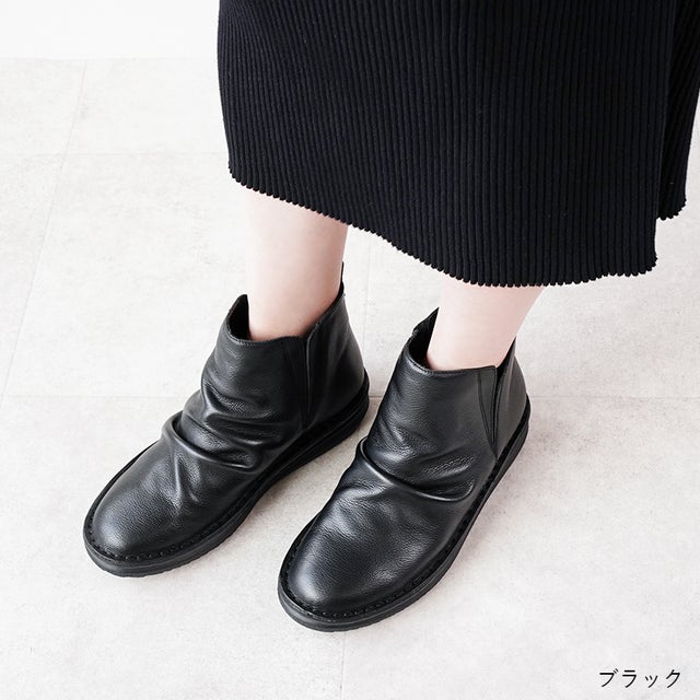 本革 ブーツ レディース くしゅくしゅ シャーリング 牛革 黒 柔らか ナチュラル （ブラック）