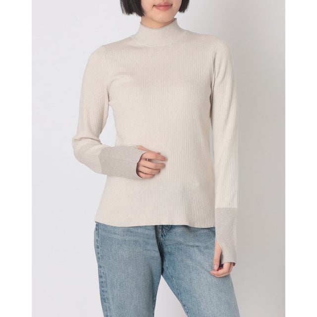 やわもち 静電気防止 ランダムリブ サムホールハイネックニット 配色 （杢BEIGE）