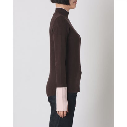 ハンチ hunch やわもち 静電気防止 ランダムリブ サムホールハイネックニット 配色 （BROWN）｜詳細画像