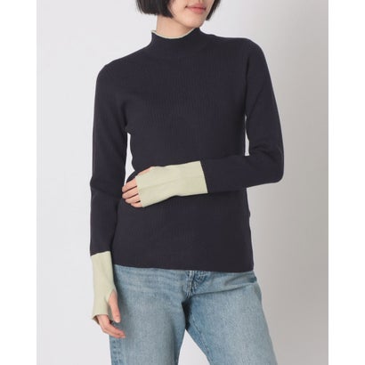 ハンチ hunch やわもち 静電気防止 ランダムリブ サムホールハイネックニット 配色 （NAVY）｜詳細画像
