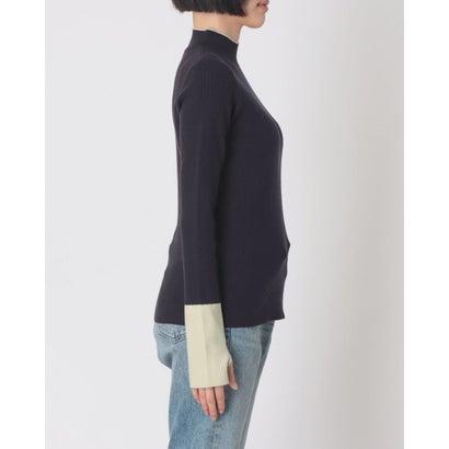 ハンチ hunch やわもち 静電気防止 ランダムリブ サムホールハイネックニット 配色 （NAVY）｜詳細画像