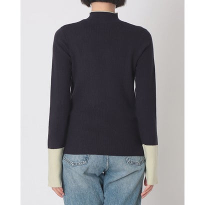 ハンチ hunch やわもち 静電気防止 ランダムリブ サムホールハイネックニット 配色 （NAVY）｜詳細画像
