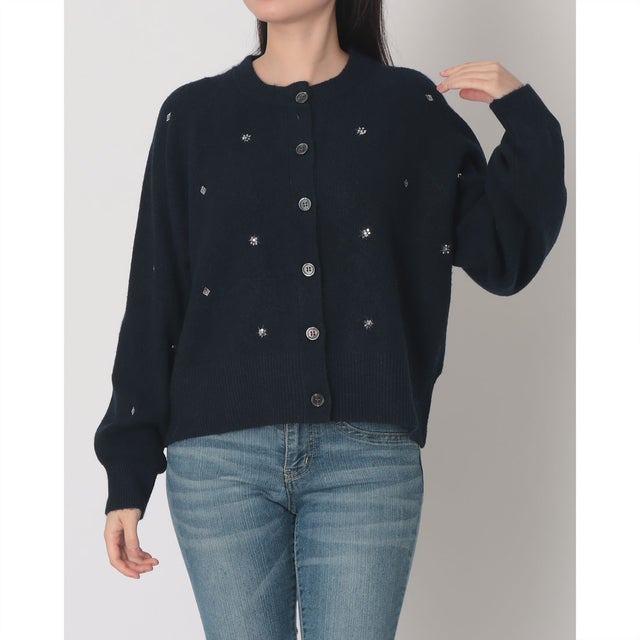 ウール混ニット 刺繍カーディガン （NAVY）