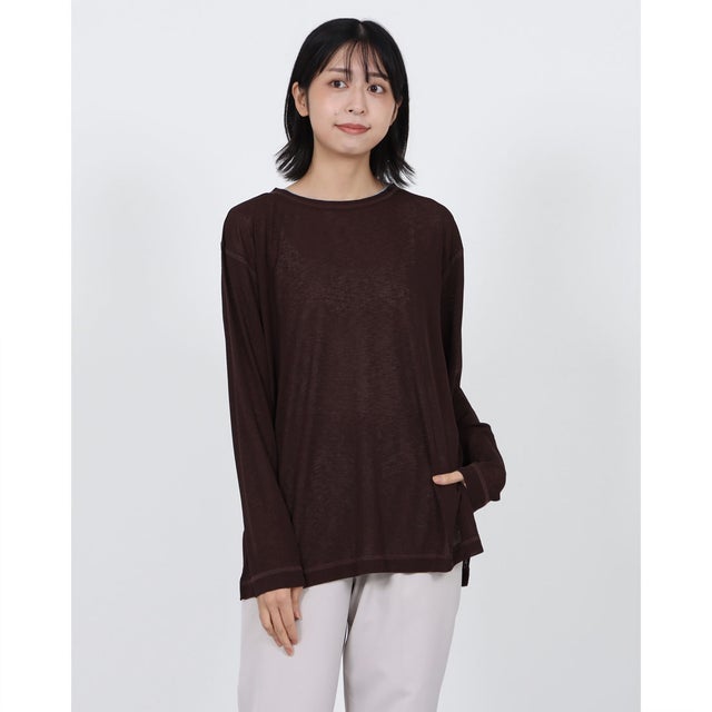 シアーワッフルCN微配ステッチ 長袖TOPS （BROWN）