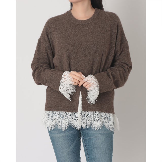 カシミアタッチ レースドッキングニット （杢BROWN）