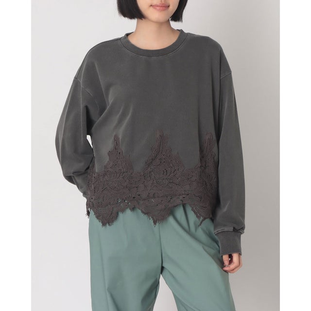 裏毛×レース レースドッキング ピグメント プルオーバー （BROWN）