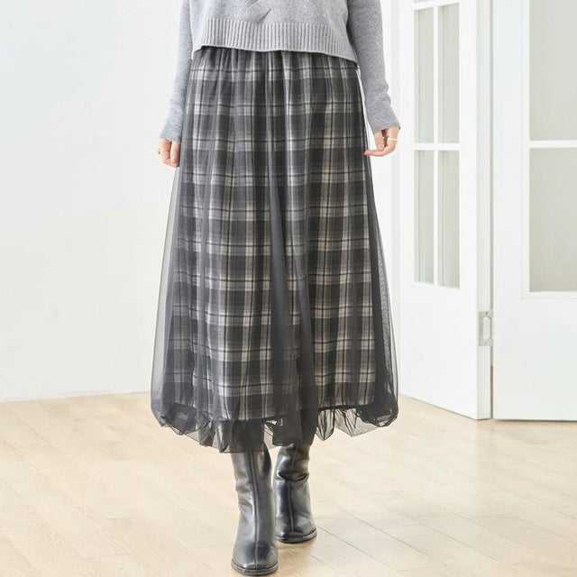 ロング スカート チュール チェック柄 レイヤード レディース  Aライン チェック バルーン フレア マキシ ウエストゴム ロング丈  ゆったり 大人可愛い きれいめ カジュアル 透け感 個性的 （BR）