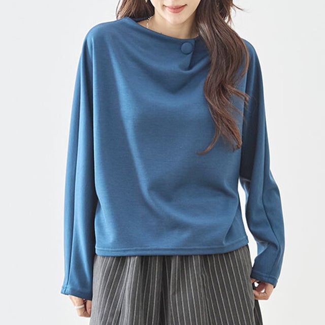 カットソー トップス Tシャツ レディース 長袖 プルオーバー ドルマンスリーブ くるみボタン ボトルネック ハイネック ポンチ ゆったり きれいめ 上品 高見え 大人 カジュアル オフィス （BL）