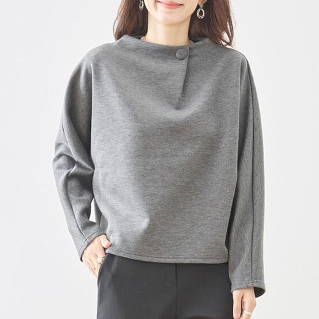 カットソー トップス Tシャツ レディース 長袖 プルオーバー ドルマンスリーブ くるみボタン ボトルネック ハイネック ポンチ ゆったり きれいめ 上品 高見え 大人 カジュアル オフィス （CGR）