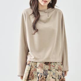 カットソー トップス Tシャツ レディース 長袖 プルオーバー ドルマンスリーブ くるみボタン ボトルネック ハイネック ポンチ ゆったり きれいめ 上品 高見え 大人 カジュアル オフィス （BE）