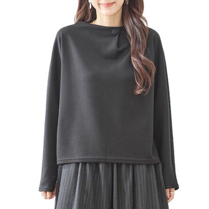 カットソー トップス Tシャツ レディース 長袖 プルオーバー ドルマンスリーブ くるみボタン ボトルネック ハイネック ポンチ ゆったり きれいめ 上品 高見え 大人 カジュアル オフィス （BK）｜詳細画像