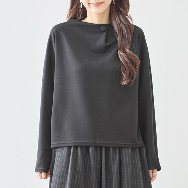 カットソー トップス Tシャツ レディース 長袖 プルオーバー ドルマンスリーブ くるみボタン ボトルネック ハイネック ポンチ ゆったり きれいめ 上品 高見え 大人 カジュアル オフィス （BK）