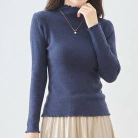 リブ ニット トップス セーター ハイネック 長袖 メロウ メロー フリル リブニット インナー きれいめ カジュアル 可愛い フェミニン レイヤード 薄手 （NV）