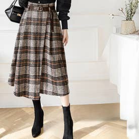 チェック 4柄 暖か厚手ツイード ベルト付き ミモレ丈 ラップスカート風 Aラインスカート （BE）
