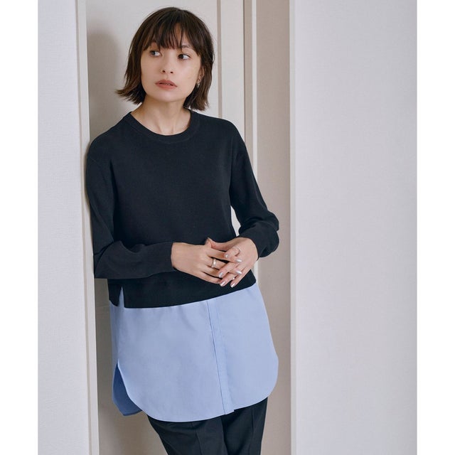 【WEB&一部店舗限定カラーあり】クロスコンビ ニットプルオーバー （ブラック×サックス系［WEB&一部店舗限定］）