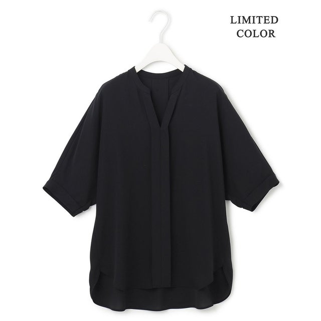 【WEB限定】BackSatinAmunzen 5分袖キーネックブラウス （ブラック）