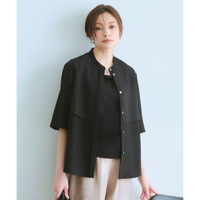 【WEB限定カラーあり】 FluidBackSatin バンドカラーシャツ （ブラック）
