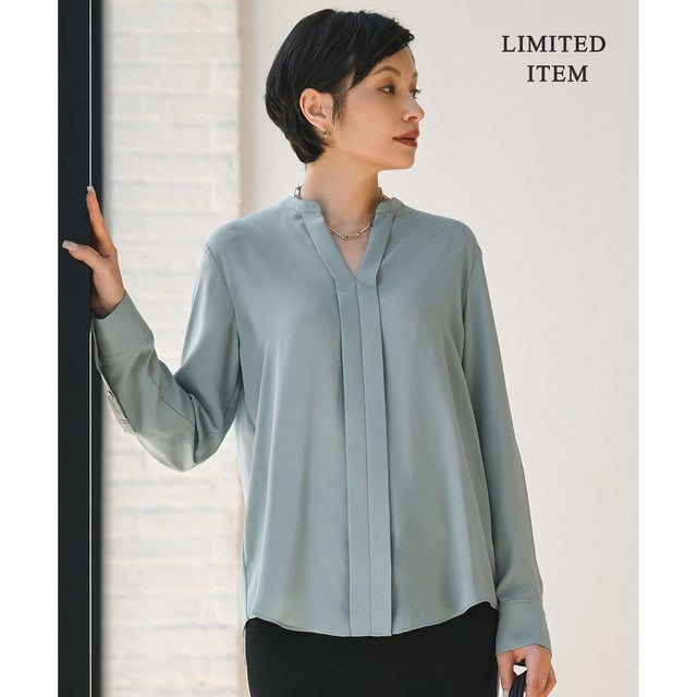 【WEB限定】BackSatinAmunzen キーネックブラウス （ダルグリーン）