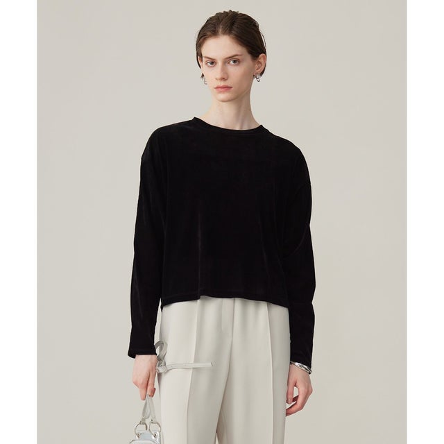 【洗える】フロッキーベロア プルオーバー （ブラック系）