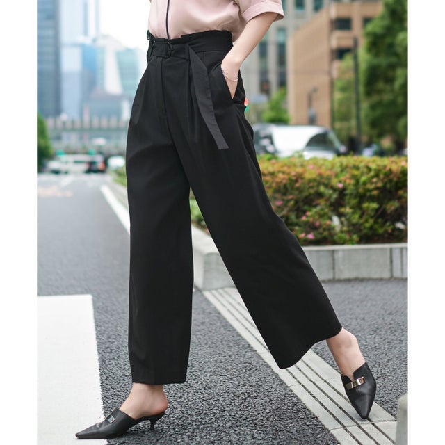 【接触冷感・UVカット・洗える】 T/Rドライリネン ワイドストレートパンツ （ブラック系）