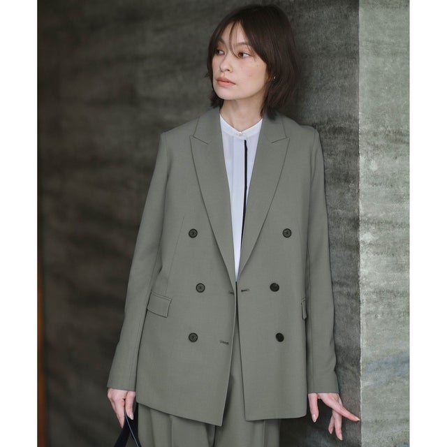 【UVカット・洗える】ウール2WAYストレッチ ダブルブレストジャケット （スモークグリーン系）