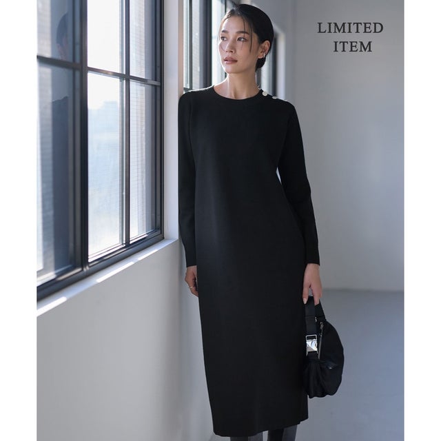 【WEB限定】 ウールブレンドダブルフェイス ニットワンピース （ブラック）