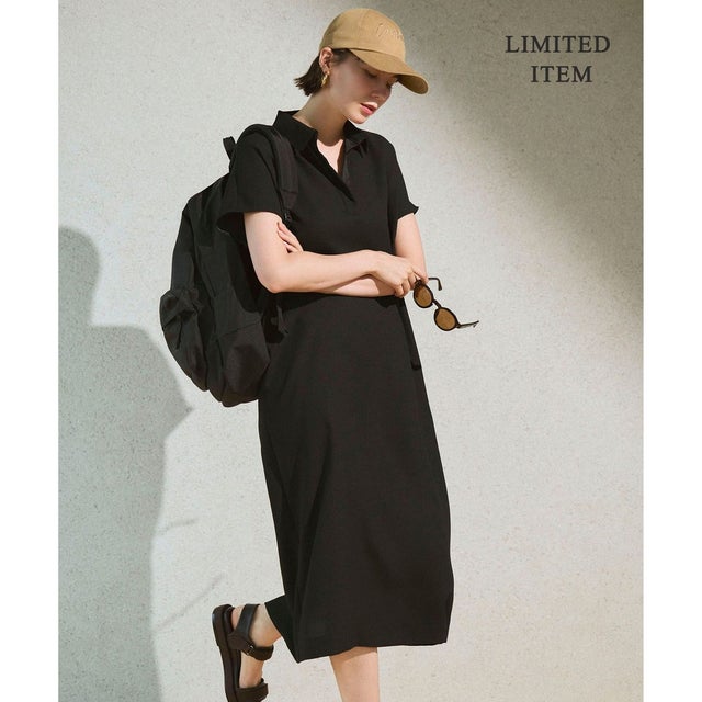 【WEB限定】FluidBackSatin ニット衿シャツワンピース （ブラック）