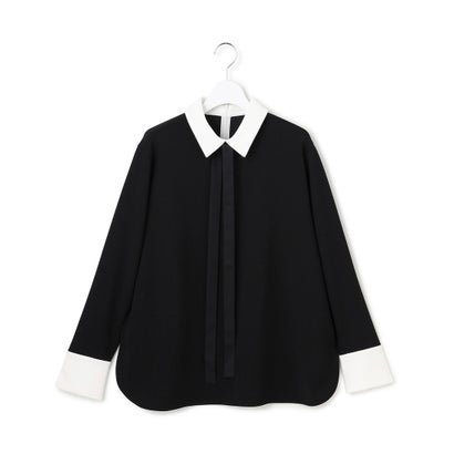 【WEB限定カラーあり】マラボーテWジョーゼット ボウタイ付きシャツカラートップス （ティール）｜詳細画像