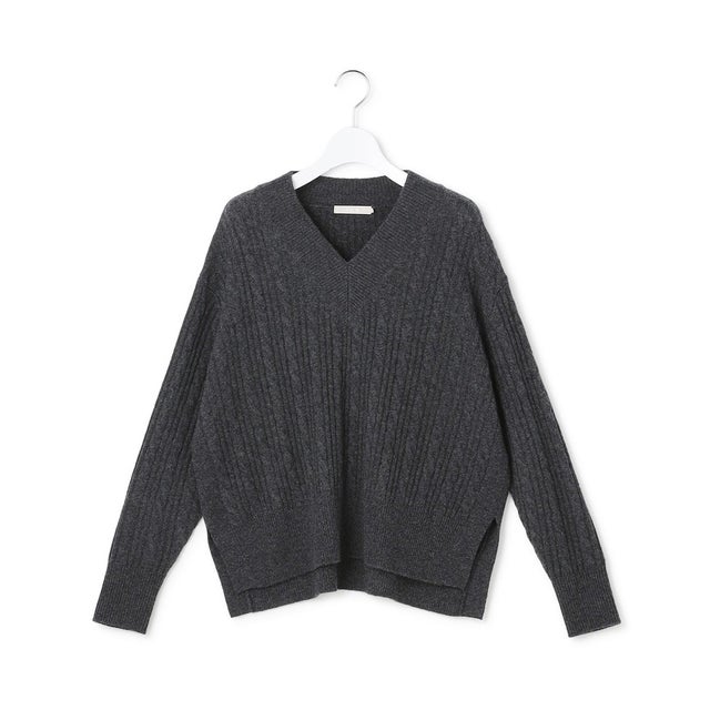 ソフトカシミヤミックス ケーブルVネックニット （チャコール）