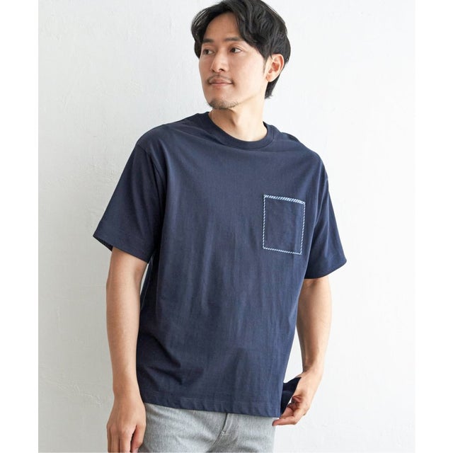 【コスパ最強】ストライプMIXポケットTシャツ （ネイビー）