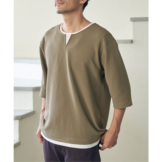 キーネックレイヤード7分袖Tシャツ （ベージュ）