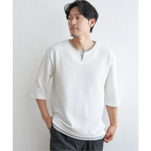 キーネックレイヤード7分袖Tシャツ （ホワイト ）