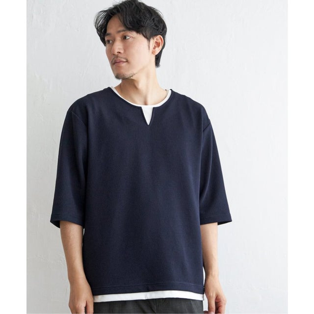 キーネックレイヤード7分袖Tシャツ （ネイビーブルー）