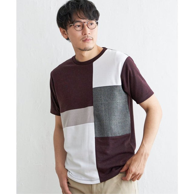 ブロックスグレンチェック切り替えTシャツ （ワイン）