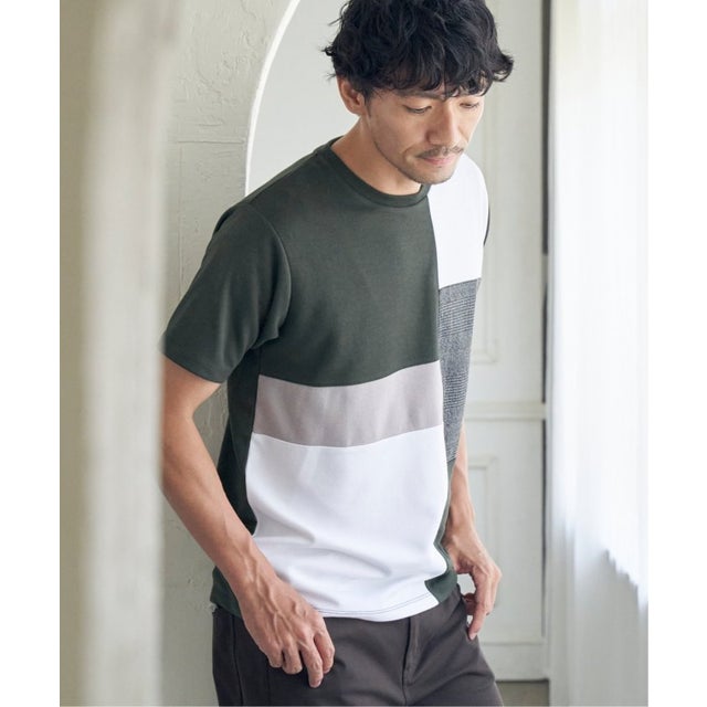 ブロックスグレンチェック切り替えTシャツ （オリーブ）