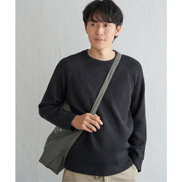 ウォッシャブルアゼクルーネックニット （ネイビー）