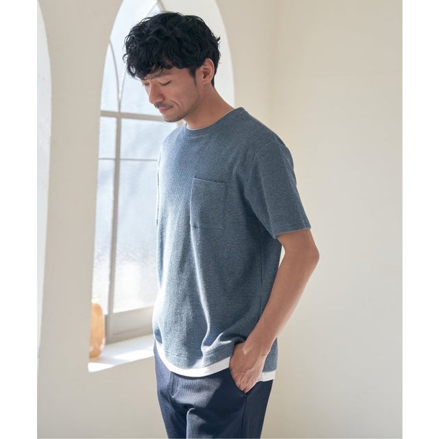 【雑誌MonoMax5月号掲載】 メランジワッフルポケツキフェイクT （ブルー）