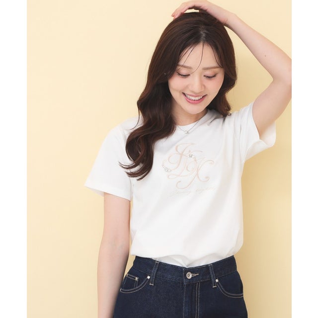 ビッグロゴ刺繍ビジュー付きTシャツ【洗濯機OK／接触冷感／UVケア】 （オフホワイト(003)）