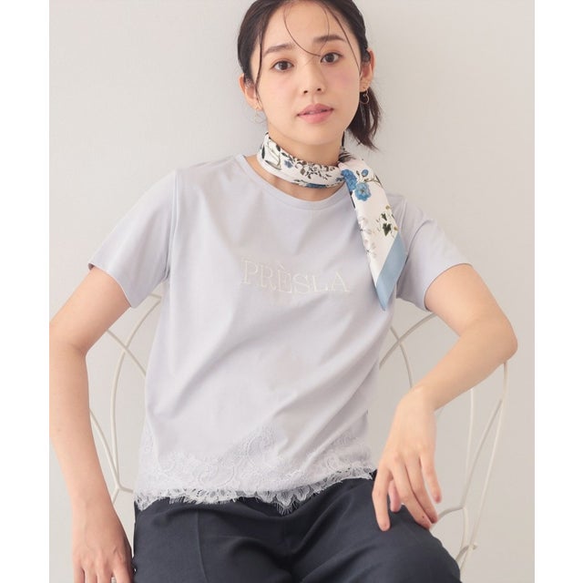 レースヘムロゴTシャツ【洗濯機OK／接触冷感／UVケア】 （サックスブルー(090)）