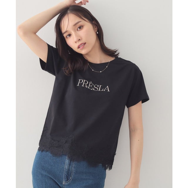 レースヘムロゴTシャツ【洗濯機OK／接触冷感／UVケア】 （ブラック(019)）