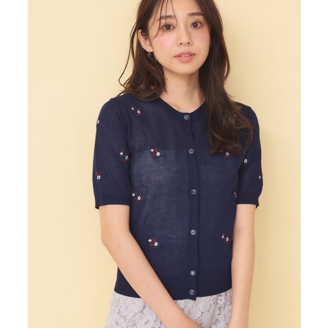 フラワー刺繍クルー半袖カーディガン【洗濯機OK／坑ピル】 （ネイビー(094)）