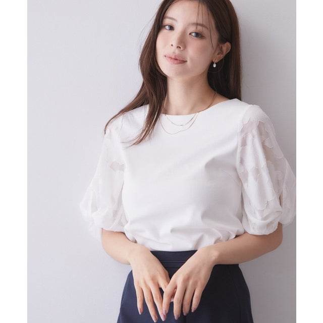 ジャカードドッキングスリーブトップス【洗濯機OK／接触冷感／UVケア】 （オフホワイト(003)）