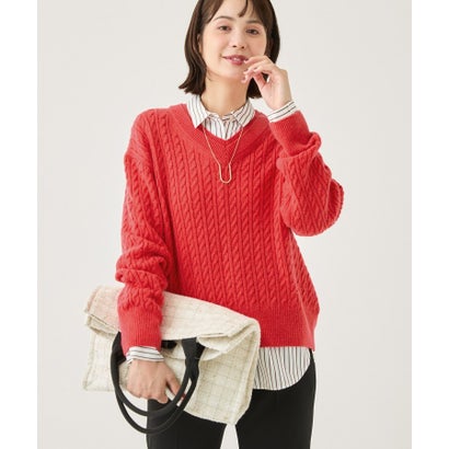 【カシミヤ混／風合い〇】レイヤードVネック ケーブル編みニット （ライトグレー(911)）｜詳細画像