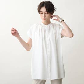 【洗える】タックデザインシルキーチュニックシャツ (ホワイト)