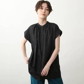 【洗える】タックデザインシルキーチュニックシャツ (ブラック)