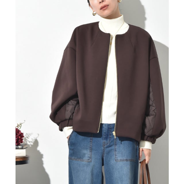 ダンボール＊タフタ切替ノーカラーブルゾン （ブラウン）