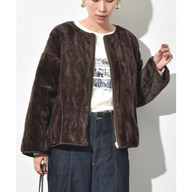 ナイロンタフタ＊ファーキルトリバーシブルショートコート （ブラウン）
