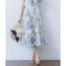 【セットアップ可／ウエストゴム】水彩風花柄スカート （サックスブルー(190)）