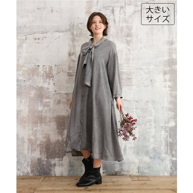 【大きいサイズ】ケミカルウォッシュデニムボウドレス （ブラック）