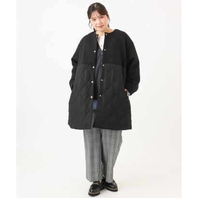 【大きいサイズ/ 裏起毛】センタープレスチェック柄ストレートパンツ （アイボリーブラック）｜詳細画像